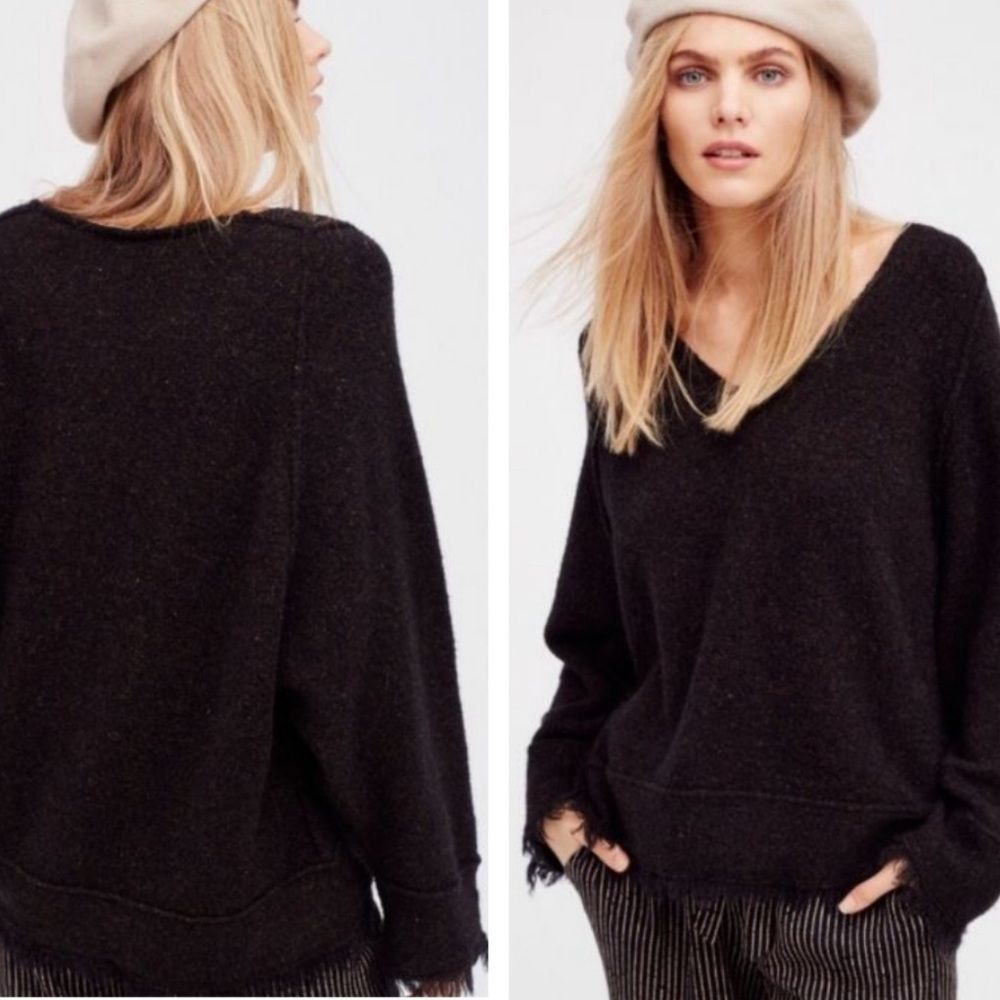 Free People Fringe Trim Oversized Black Cozy V-Neck Sweater Wool Linen